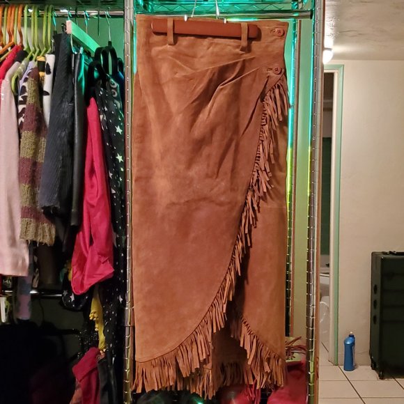 Vintage 80s Cache Suede Fringe Wrap Skirt - Picture 3 of 4